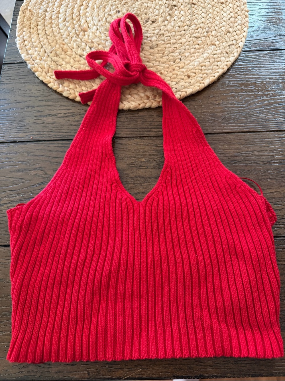 Red Ribbed Halter Crop Top - Unbranded